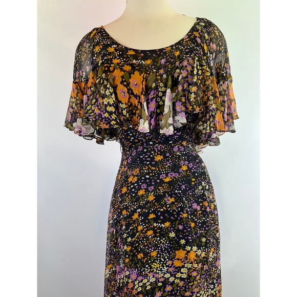 RARE Vintage 1970s Valerie Parr 100% Silk Black Floral Gown‎ - Picture 3 of 12